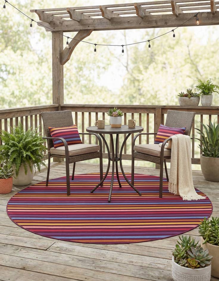 Detail image of 7' 10 x 7' 10  Washable Striped Indoor / Outdoor Round Rug