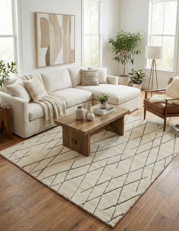 Pure Ivory Hand Knotted Atlas Moroccan Wool Square Rug