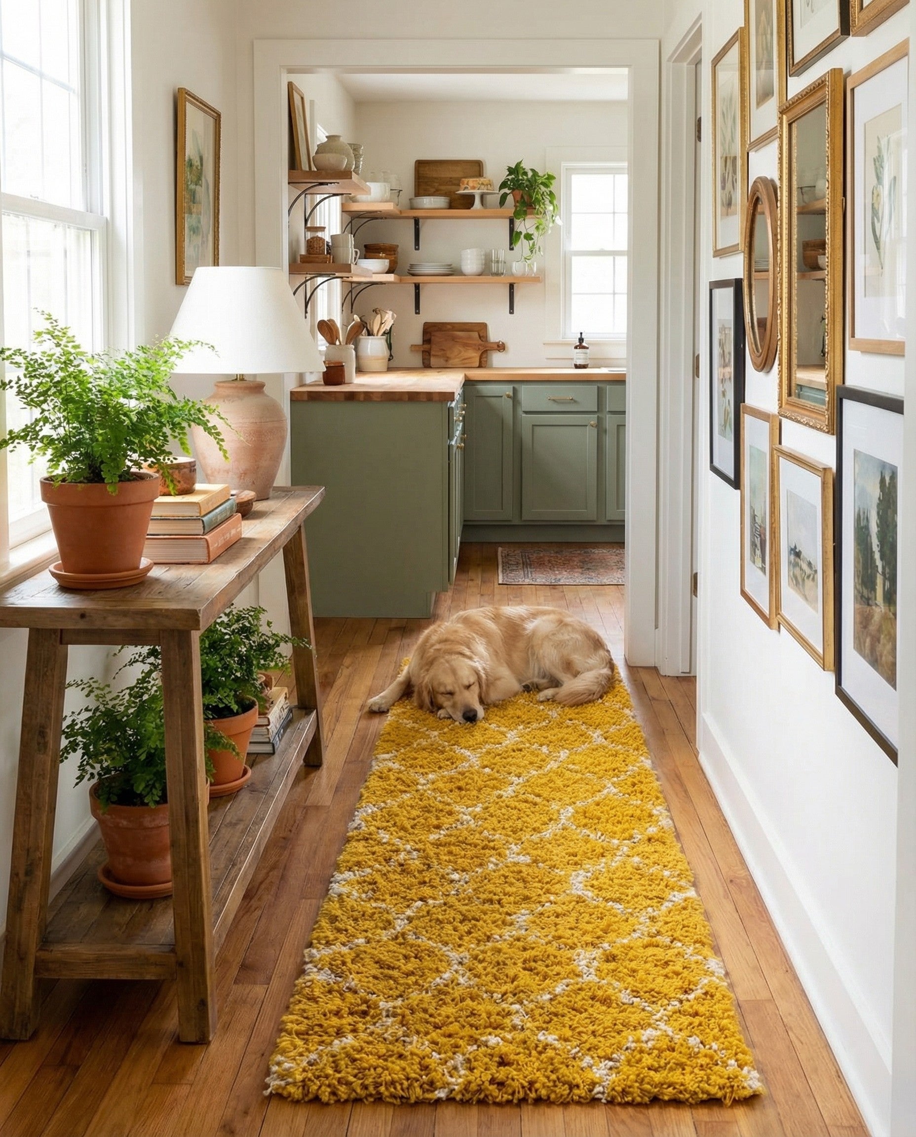 A 10 ft yellow runner rug with a white modern trellis pattern, featuring a textured high-low pile.