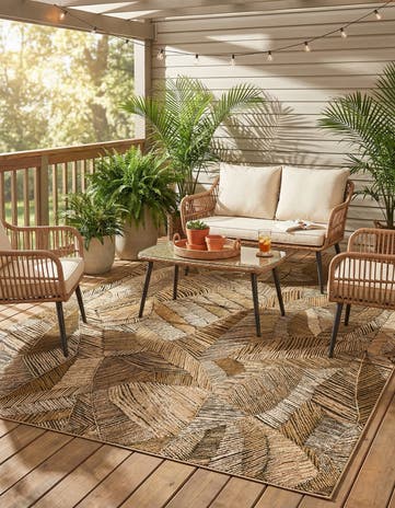 Brown and Beige Easy-Clean Botanical Indoor / Outdoor Rug