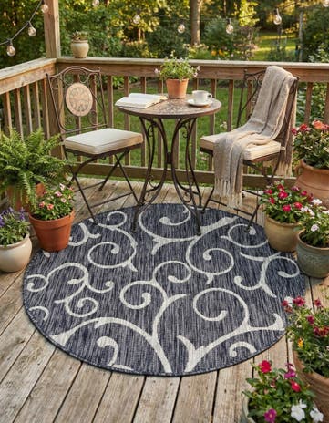 Charcoal Gray Easy-Clean Botanical Indoor / Outdoor Round Rug