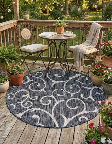Charcoal Gray Easy-Clean Botanical Indoor / Outdoor Round Rug
