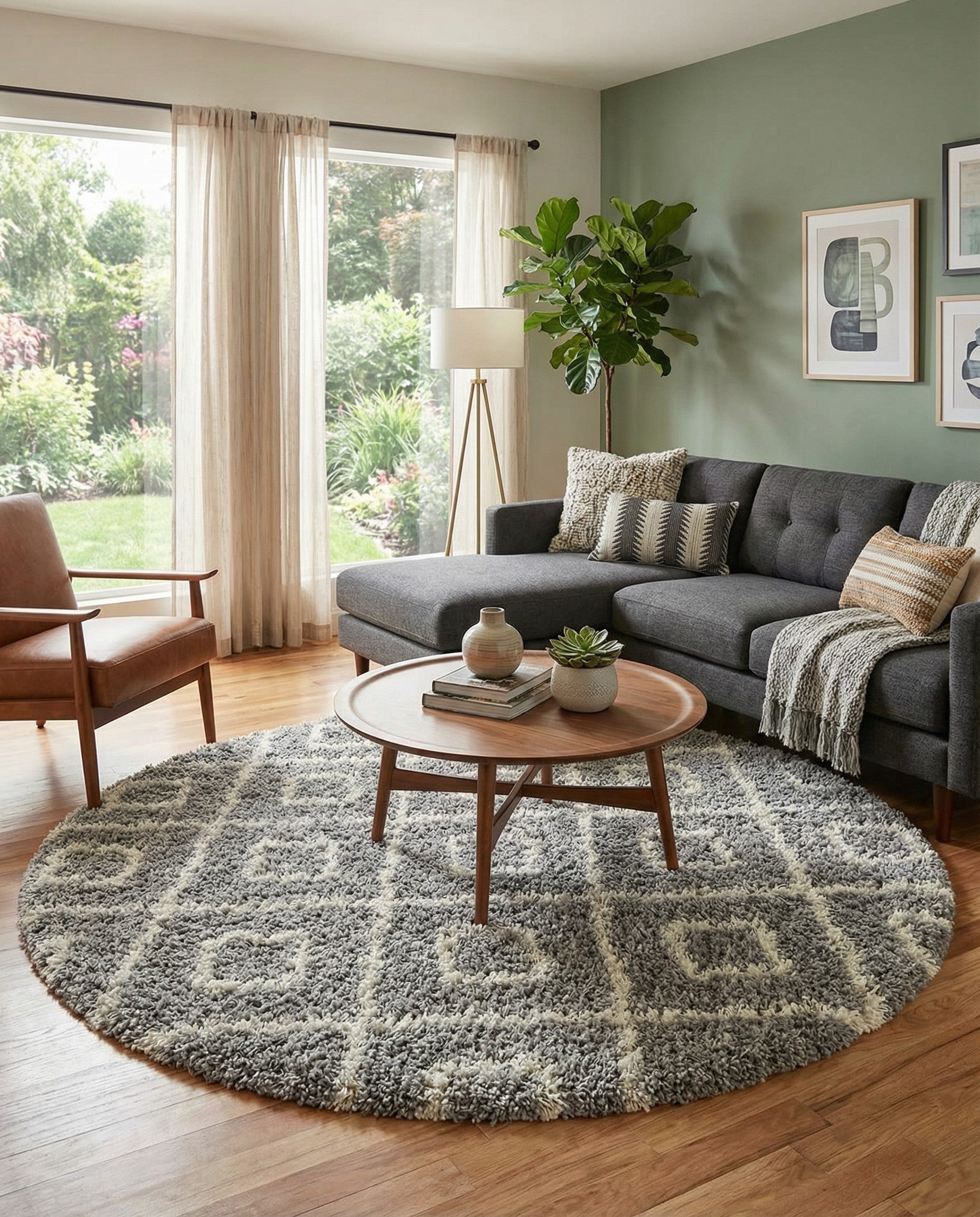 A 10-foot round gray shag rug with a modern lattice pattern in lighter gray, suitable for indoor spaces.