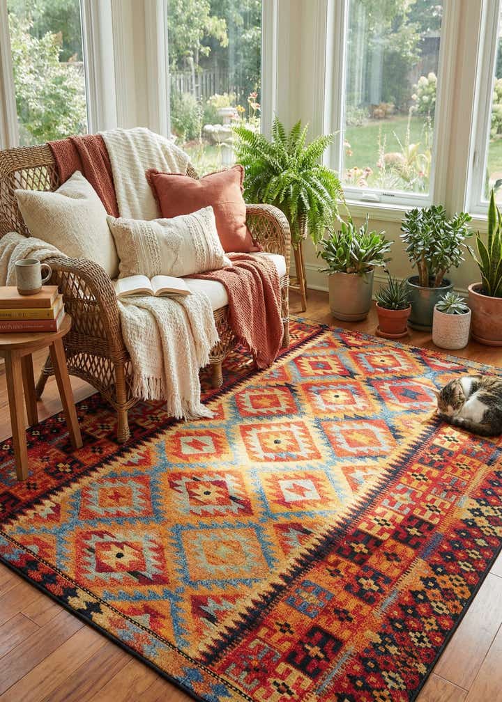 7' 10 x 10' Easy-Clean Tribal Indoor / Outdoor Rug