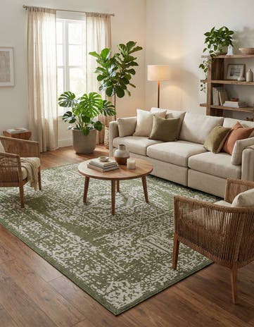 Green Easy-Clean Traditional Indoor / Outdoor Rug