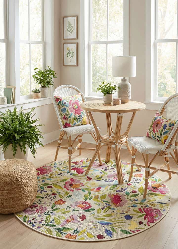 4' x 4' Easy-Clean Botanical Indoor / Outdoor Round Rug