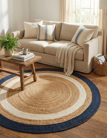 Navy Blue White Natural Handmade Braided Jute Round Rug