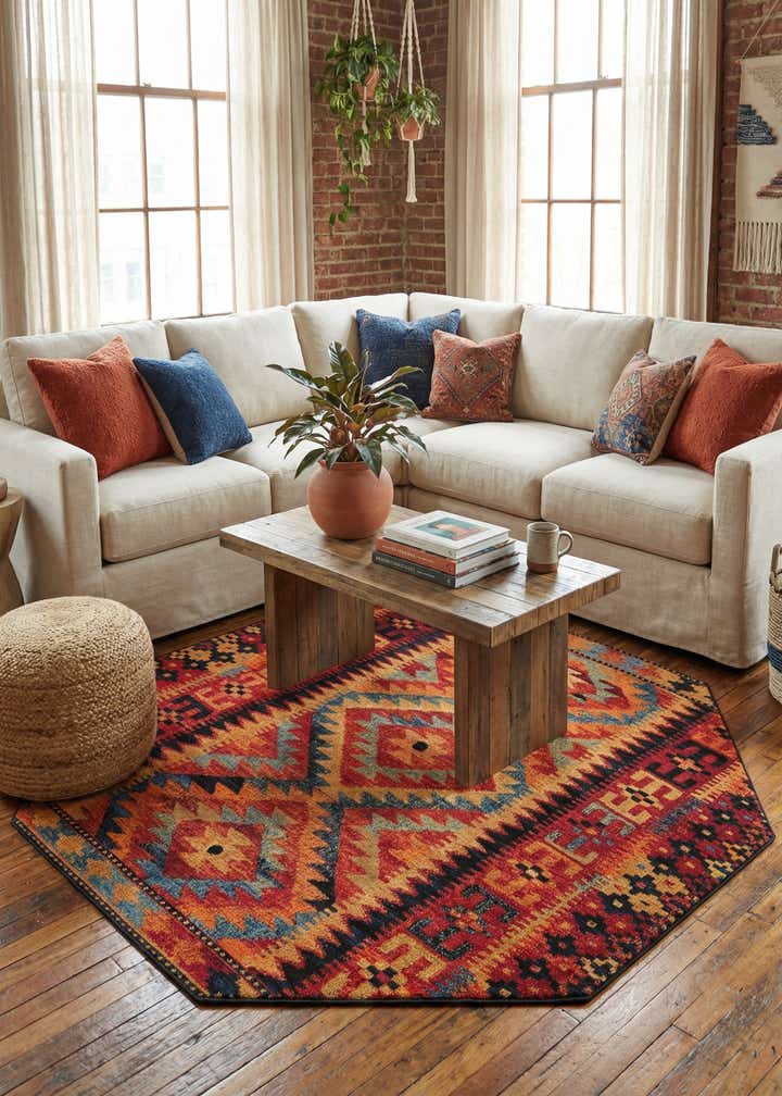 7' x 7' Easy-Clean Tribal Indoor / Outdoor Octagon Rug