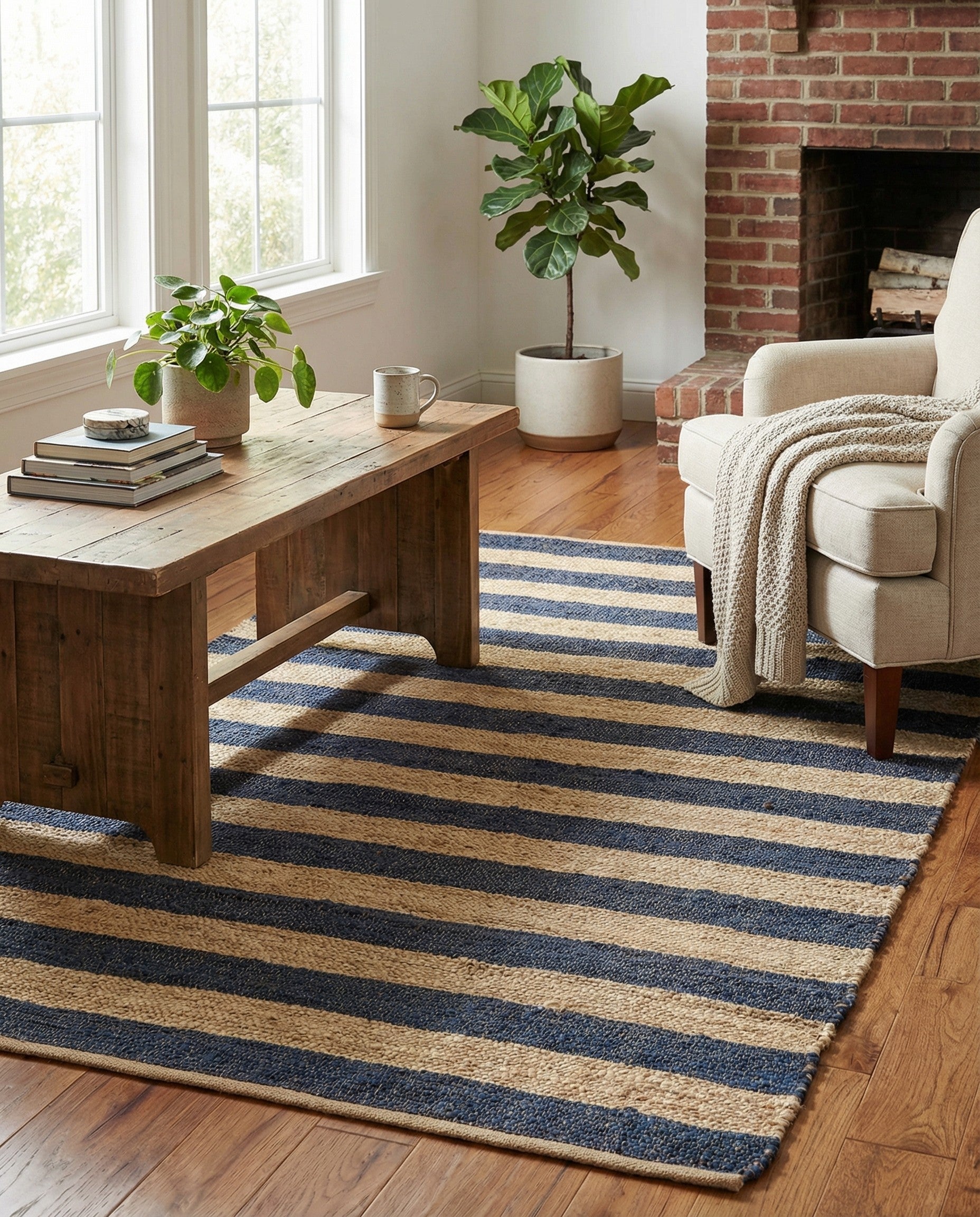 A 5x8 rectangular Braided Jute rug with alternating horizontal stripes of natural jute and deep blue.