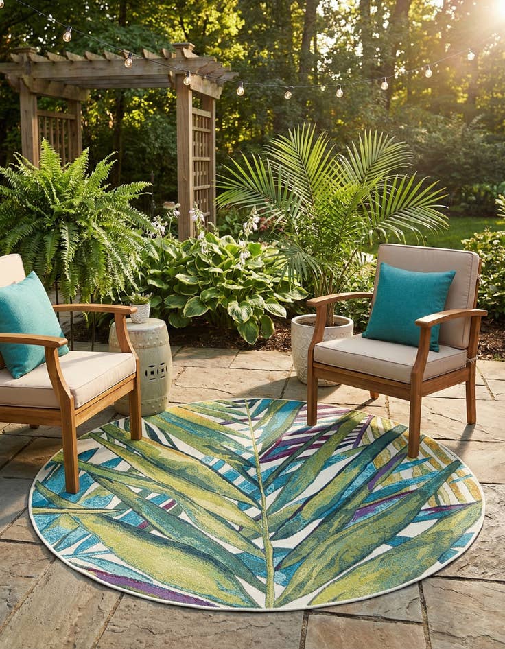 Detail image of 5' x 5'  Washable Botanical Indoor / Outdoor Round Rug