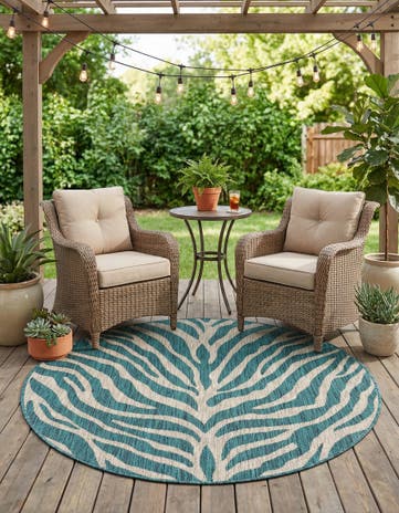 Teal Easy-Clean Safari Indoor / Outdoor Round Rug