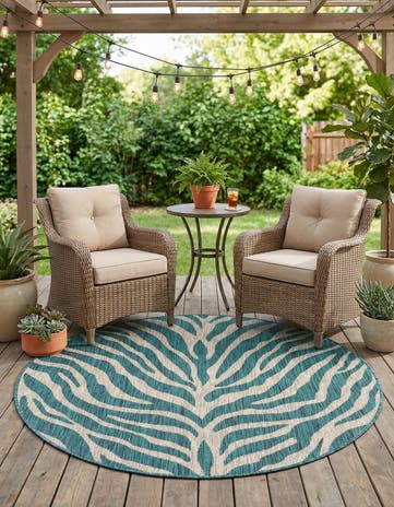 Teal Easy-Clean Safari Indoor / Outdoor Round Rug