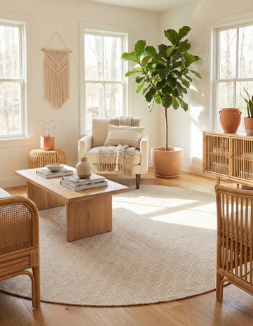 Beige Hand Woven Geo Trellis Flatweave Round Rug