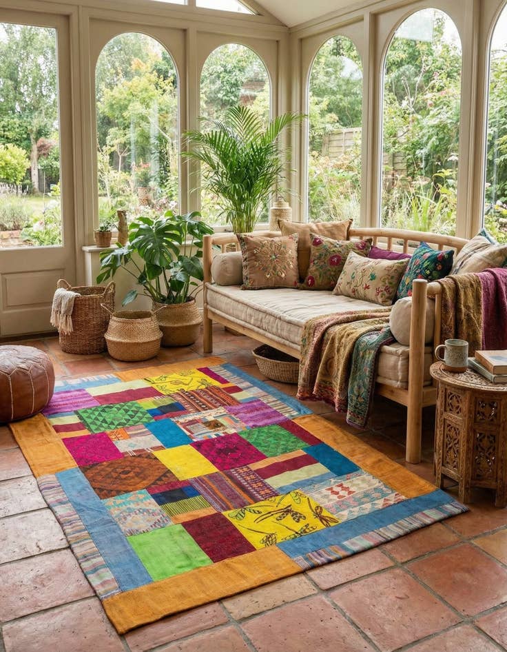 Detail image of  5' 6 x 8'  Hand Woven Kilim Patchwork Wool Rug