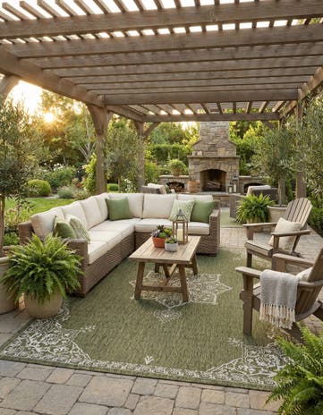 Green Easy-Clean Traditional Indoor / Outdoor Rug