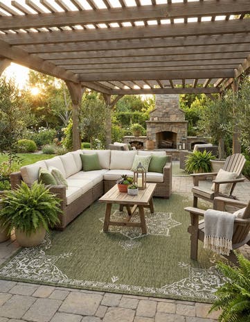 Green Easy-Clean Traditional Indoor / Outdoor Rug