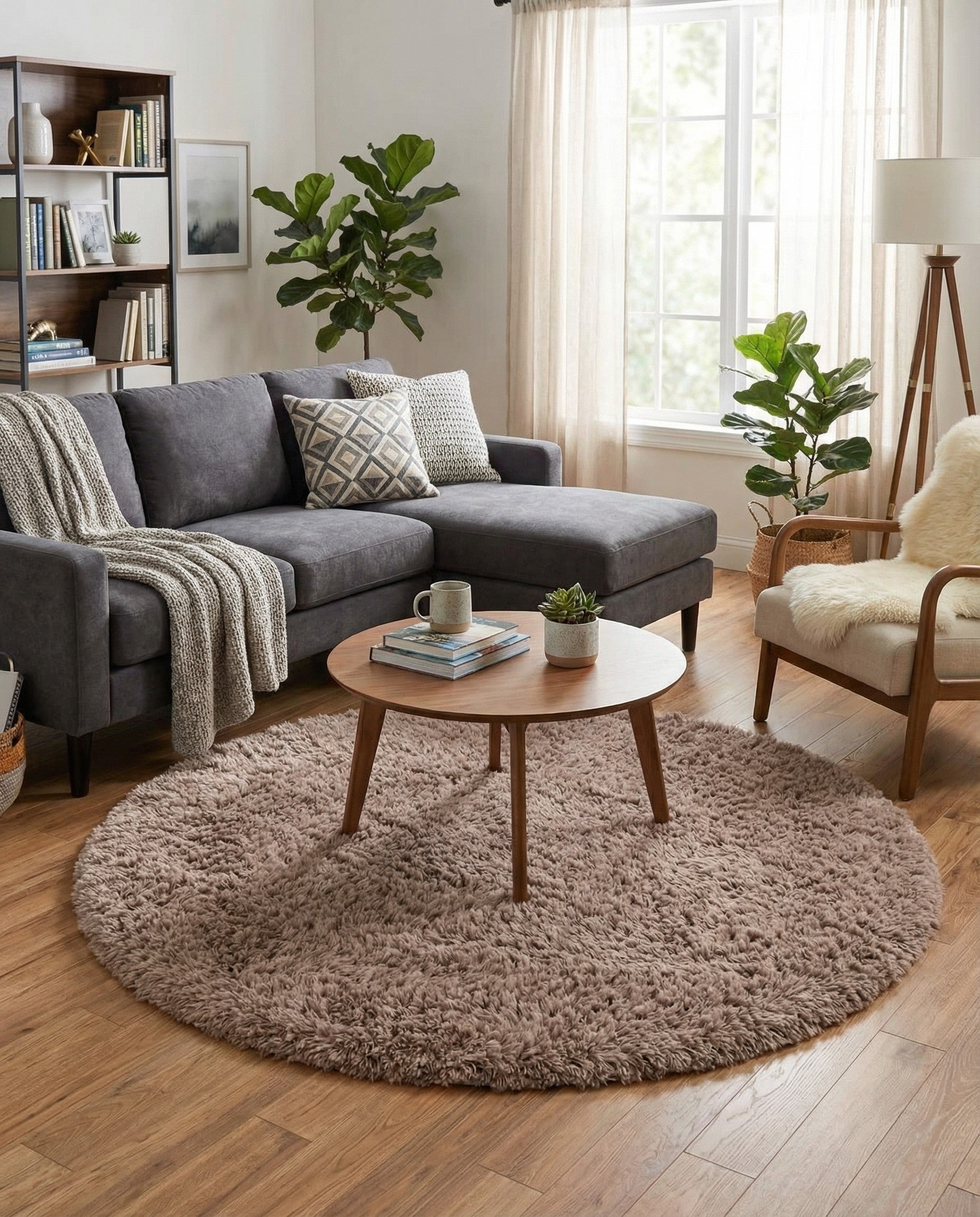 A 5' 0 x 5' 0 round brown shag rug with a textured pile, suitable for indoor use.