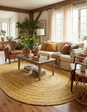 Yellow Orange Handmade Braided Chindi Oval Rug