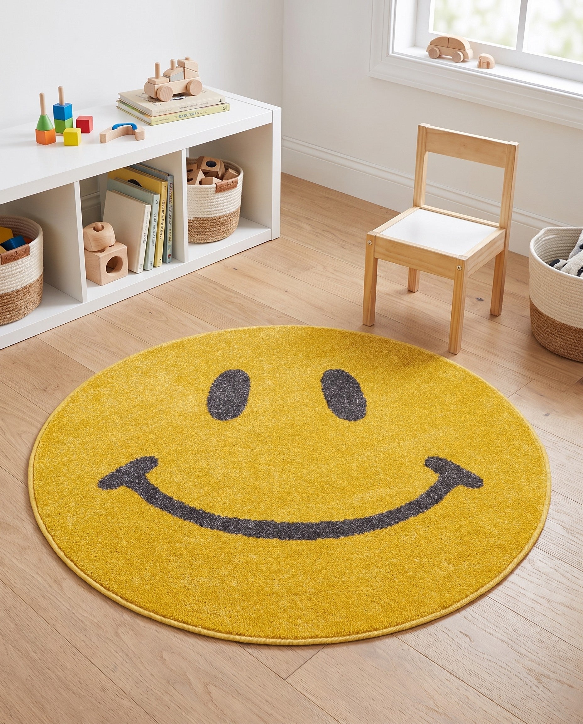 Yellow Smiley Face Whimsy Kids Round Rug