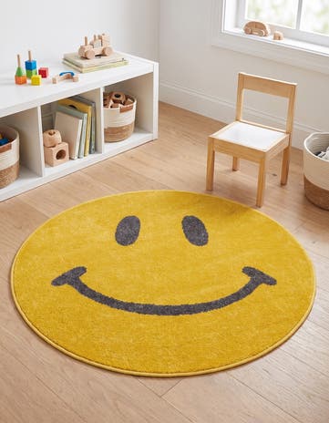 Yellow Smiley Face Whimsy Kids Round Rug