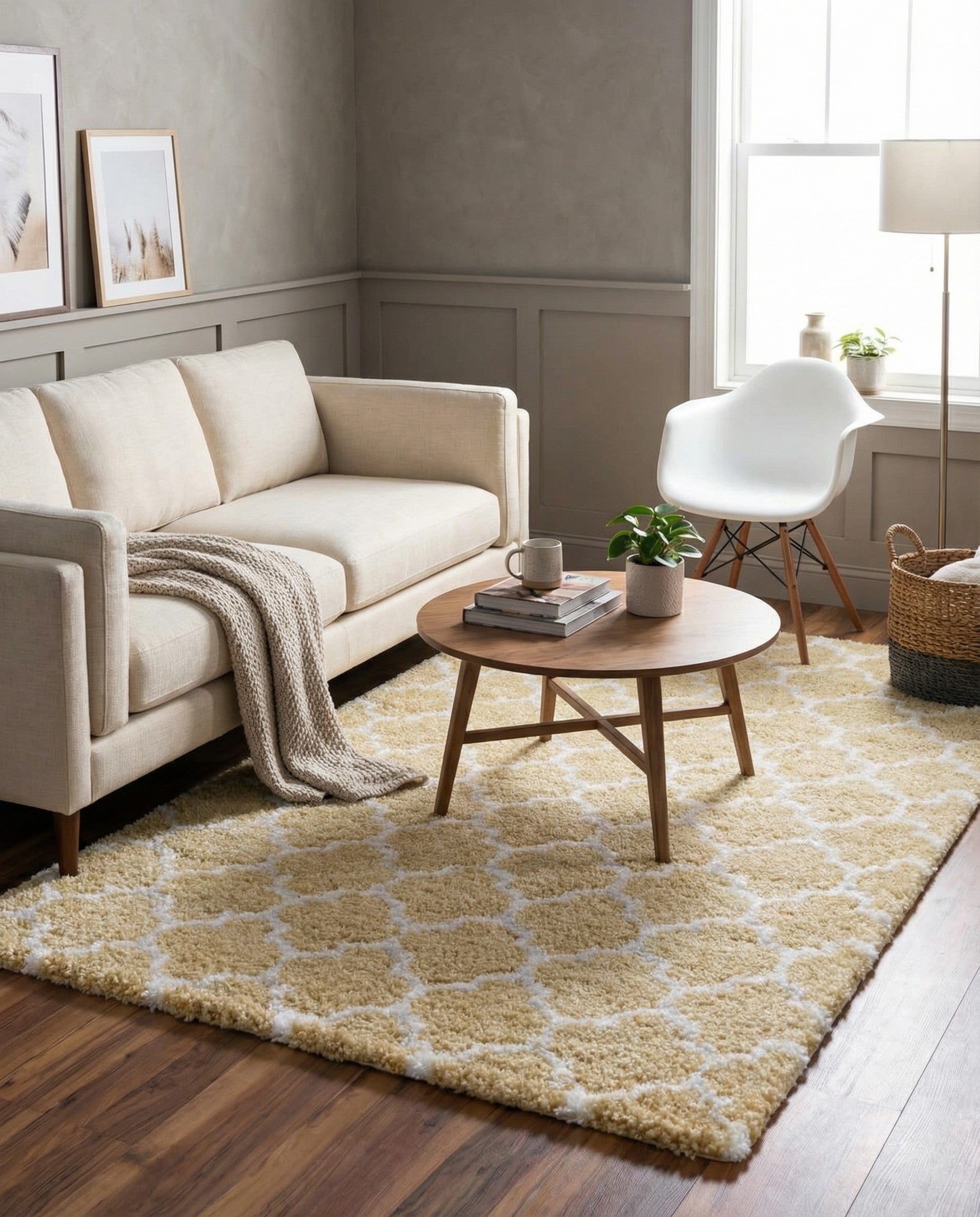 A 5x8 rectangular yellow shag rug with a white trellis pattern, perfect for a living room or bedroom.