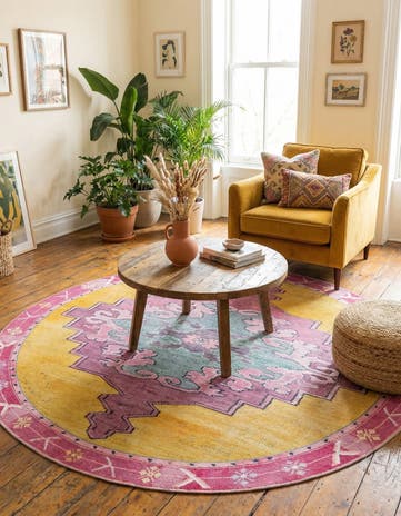 Yellow Washable Timeless Round Rug