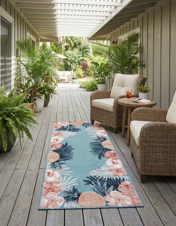 Blue Easy-Clean Botanical Indoor / Outdoor Runner Rug