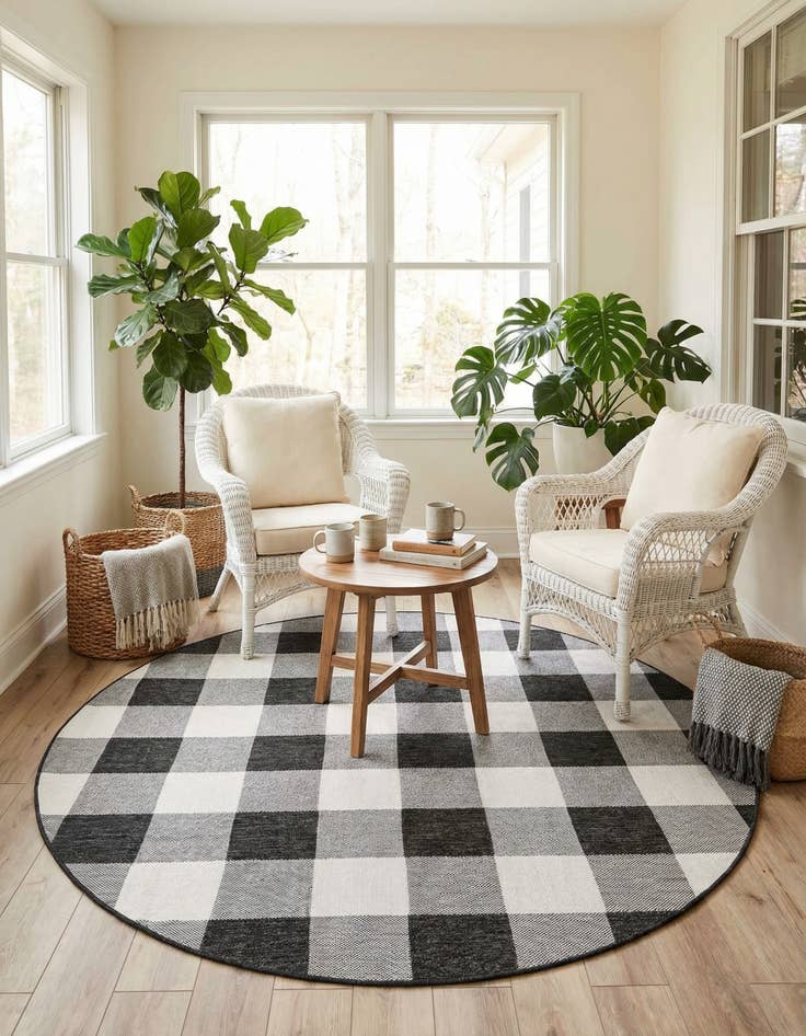 Detail image of  7' 10 x 7' 10  Washable Checkered Indoor / Outdoor Round Rug