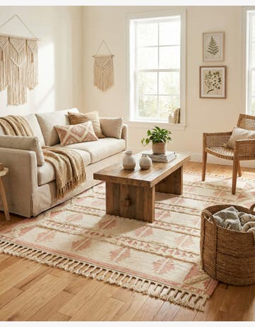 Pink and White Hand Woven Arizona Wool Square Rug