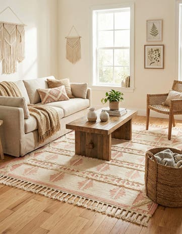 Pink and White Hand Woven Arizona Wool Square Rug