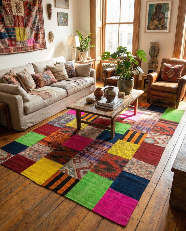 Detail image of 6' 7 x 9' 7 Hand Woven Kilim Patchwork Wool Rug