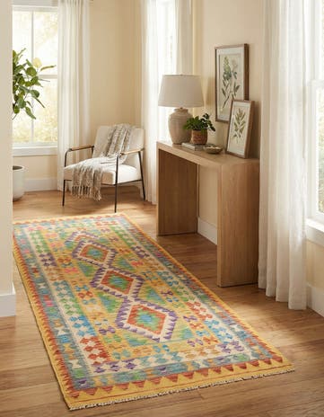 3' 2 x 6' 4 Hand Woven Kilim Maymana Wool Runner Rug