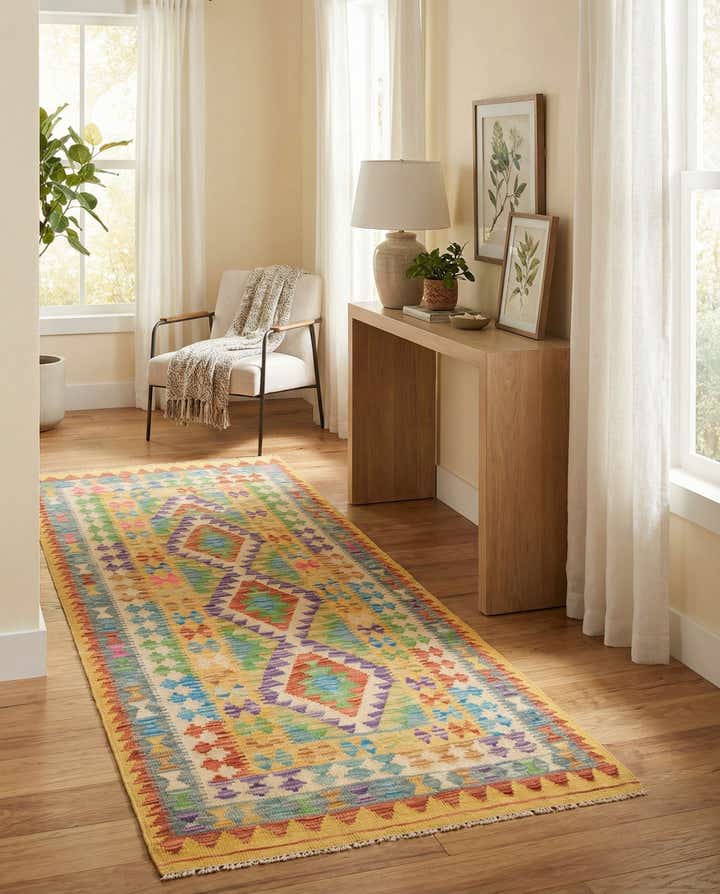 95cm x 195cm Handgewebt Kilim Maymana Wolle Läufer Teppich