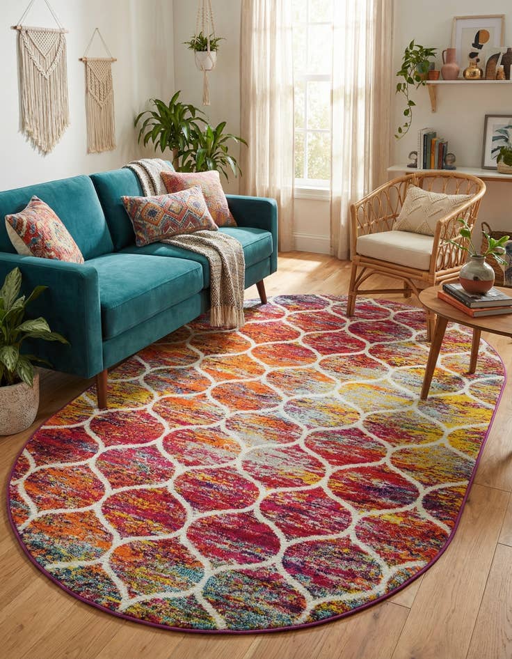 Detail image of  5' 3 x 8' Lattice Frieze Oval Rug