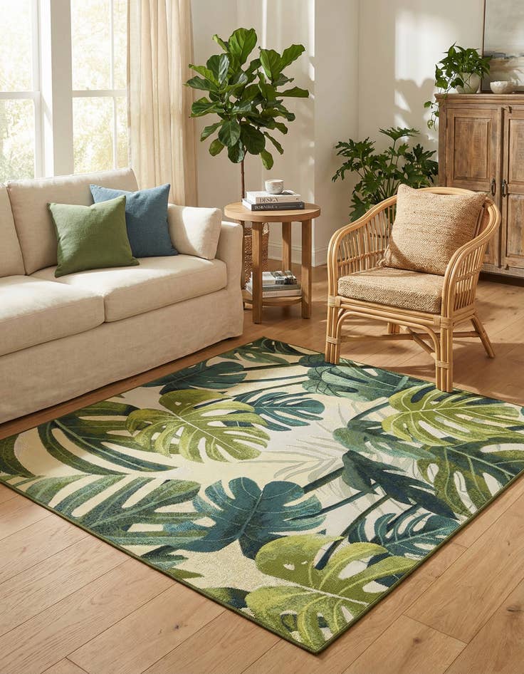 Detail image of 5' 3 x 5' 3  Washable Botanical Indoor / Outdoor Square Rug