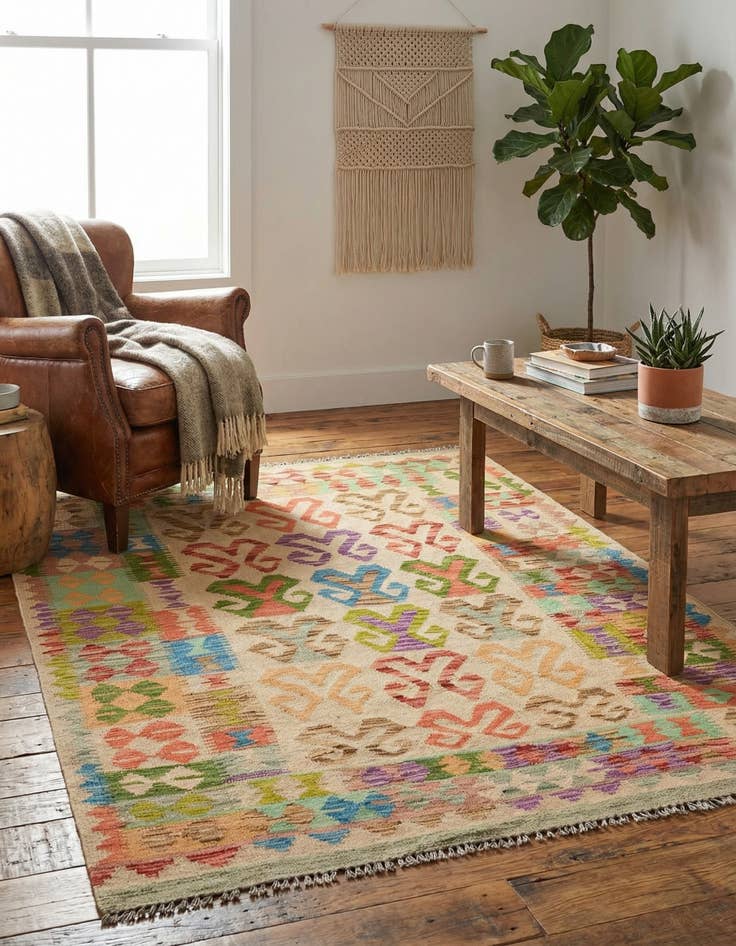 Detail image of 4' x 5' 6 Hand Woven Kilim Maymana Wool Rug