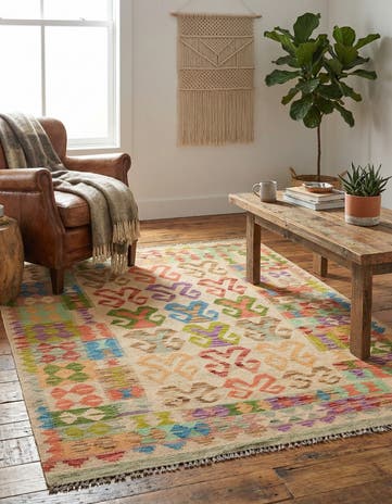 4' x 5' 6 Hand Woven Kilim Maymana Wool Rug