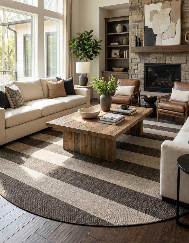 Detail image of 13' x 13'  Washable Striped Indoor / Outdoor Round Rug