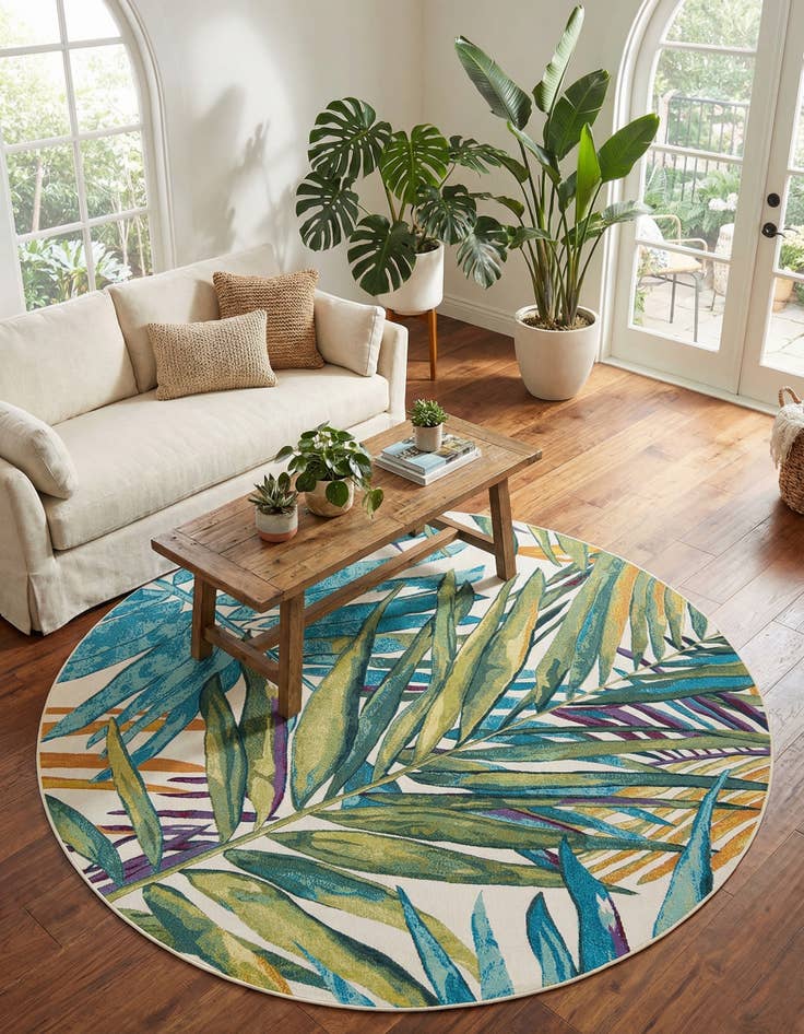 Detail image of 7' 10 x 7' 10 Easy-Clean Botanical Indoor / Outdoor Round Rug