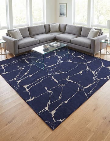 Navy Blue and Silver Vogue Geo Square Rug