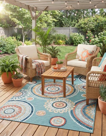 Light Blue Easy-Clean Botanical Indoor / Outdoor Rug