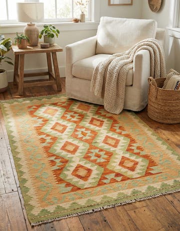 3' 2 x 4' 10 Hand Woven Kilim Waziri Wool Rug