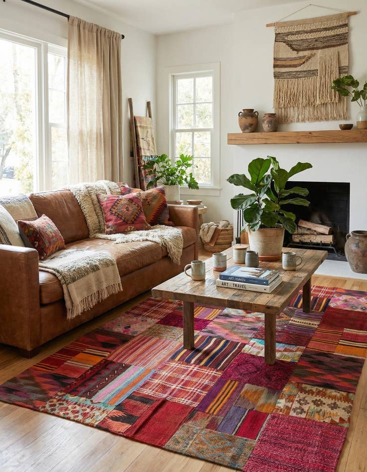 Detail image of  4' 10 x 6' 6  Hand Woven Kilim Patchwork Wool Rug