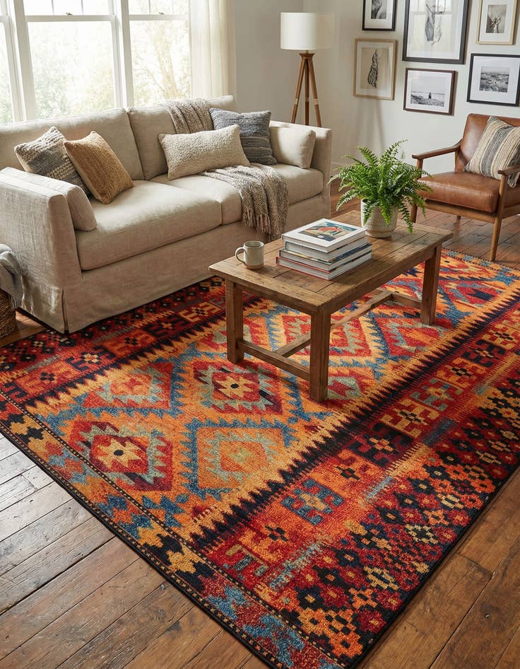 Detail image of 7' 10 x 11' Easy-Clean Tribal Indoor / Outdoor Rug