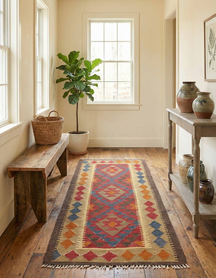 Detail image of 3' 2 x 6' 5  Hand Woven Kilim Maymana Wool Runner Rug