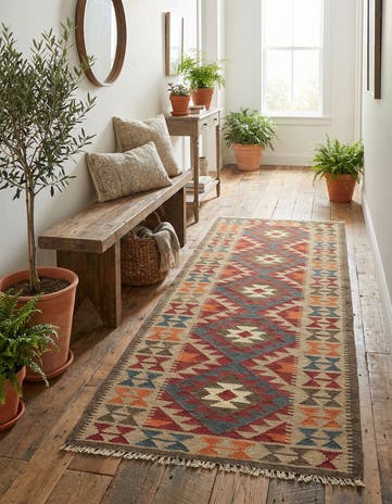 3' 5 x 6' 8 Hand Woven Kilim Maymana Wool Runner Rug