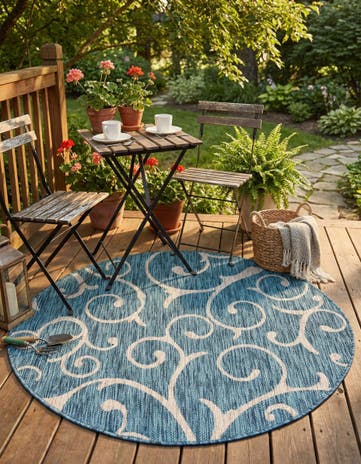 Teal Easy-Clean Botanical Indoor / Outdoor Round Rug