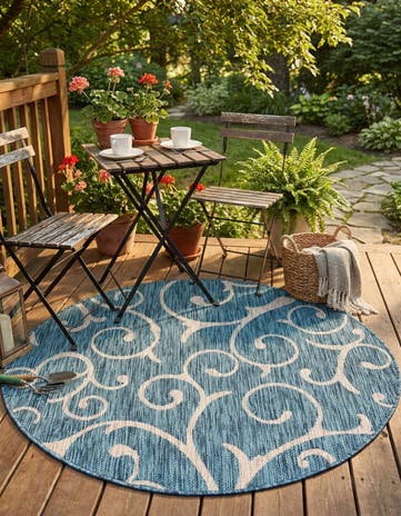 Teal Easy-Clean Botanical Indoor / Outdoor Round Rug