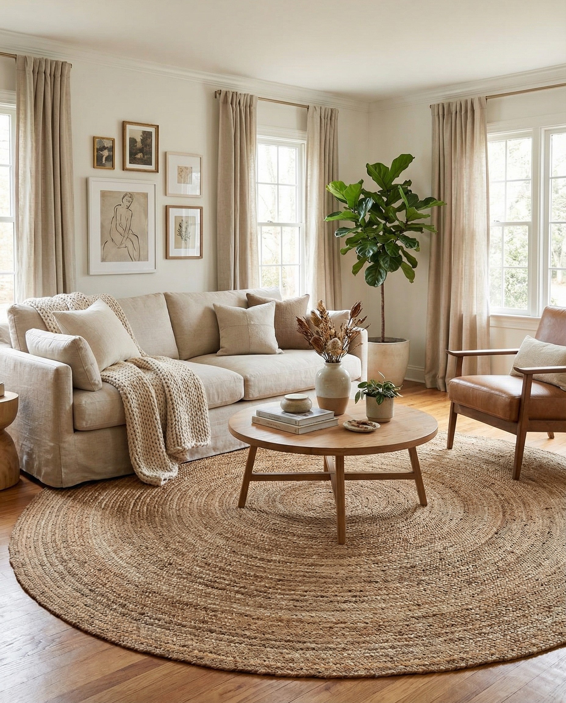 A round, braided jute rug in natural brown and tan tones, featuring a textured, concentric circle pattern.