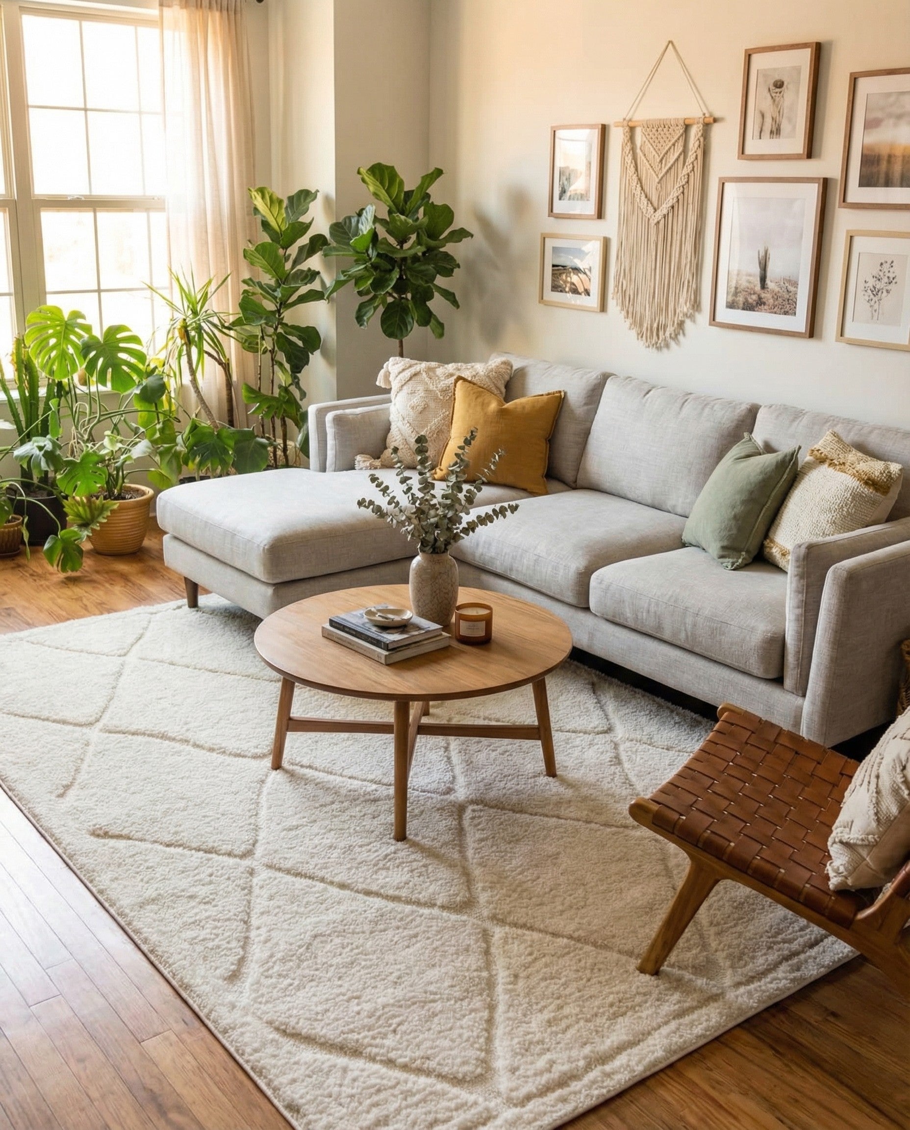 A 7x10 rectangular ivory shag rug with a subtle geometric lattice pattern, perfect for a modern living room.